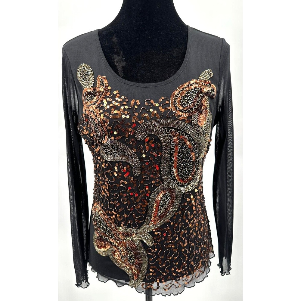 Cartise Womens Scoop Neck Long Sleeve Top Large Black Bronze Sequin Knit
